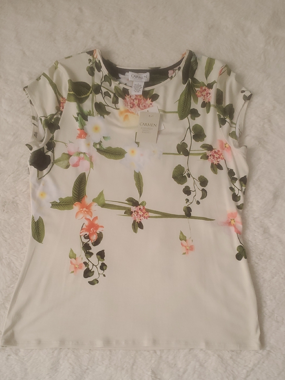 Carmen Marc Valvo Floral Short Sleeve Top - White/Green/Pink - Picture 2 of 5